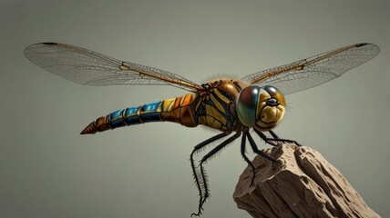 Vibrant dragonfly perched on weathered wood against a muted background.