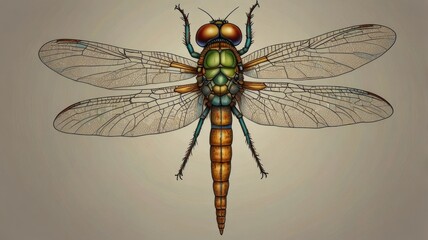 Colorful dragonfly illustration on a neutral background.