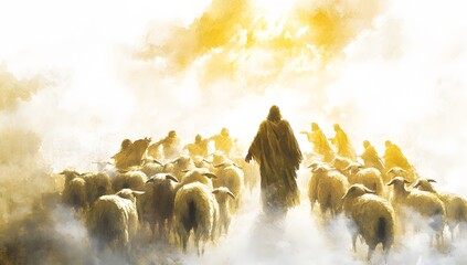 Jesus Leads His Flock Through Heavenly Clouds