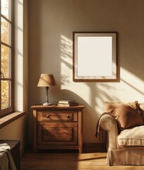 Empty frame mockup in a cozy living room with wooden sideboard, sofa, neutral tones, natural light from the window