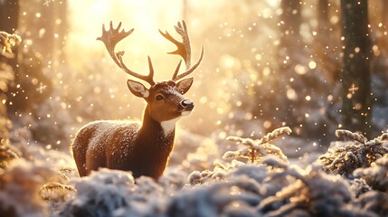 Majestic deer in a snowy forest at sunrise. Winter wonderland scene.
