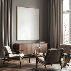 Fototapeta premium Elegant sitting room with neutral armchairs, wooden sideboard, and large empty poster frame mock-up on a muted gray wall