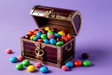 Treasure Chest Filled with Colorful Candy on a Lavender Background