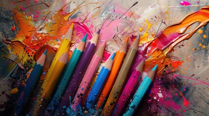 Obraz premium Colorful pencils on vibrant abstract paint splatters.