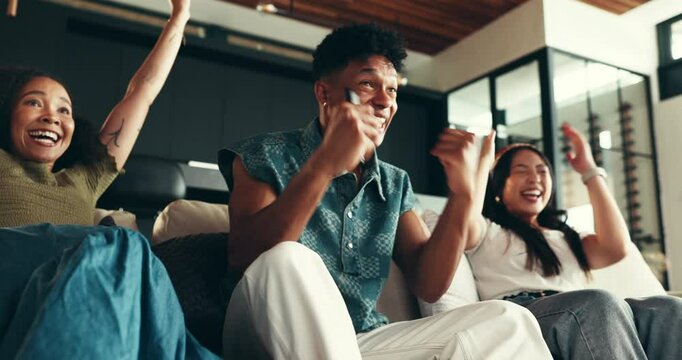 Watching tv, sports and high five with friends on sofa for match, competition and game support. Excited, television and celebration with people in living room at home for winner, results and event