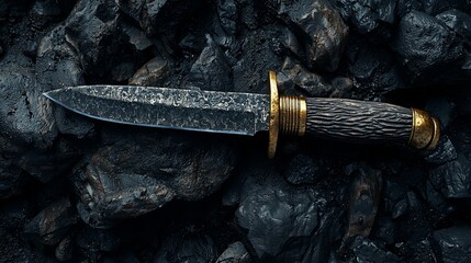 Antique hunting knife on dark rocks.