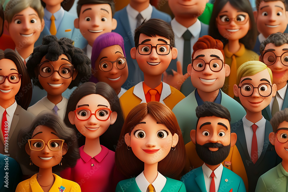 Aufkleber a diverse group of animated characters smiling together, showcasing unity and collaboration.