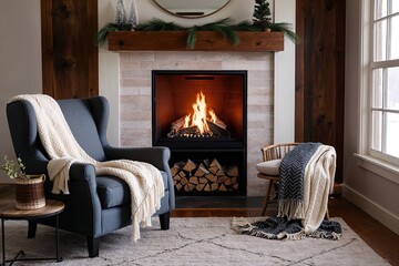 Fototapeta premium Cozy Living Room Setting with Armchair, Throw Blanket, and Crackling Fire in Winter Ambiance