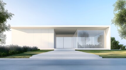 Modern Minimalist House with Glass Facade and Landscaped Grounds