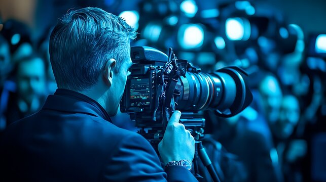 Cameraman filming event with large camera lens and crew in background.