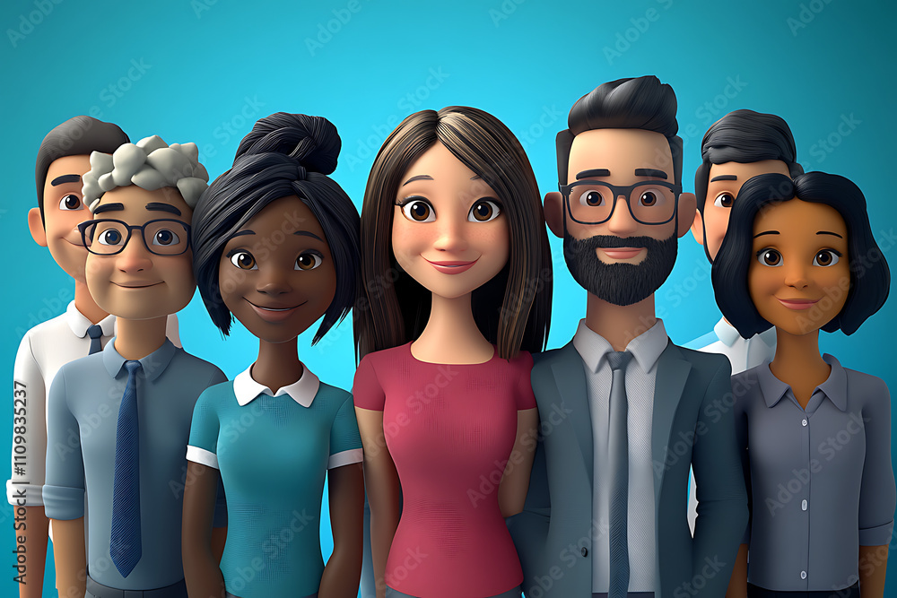 Poster a diverse group of animated characters representing teamwork and collaboration.