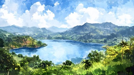 Serene Mountain Lake Landscape Under a Blue Sky