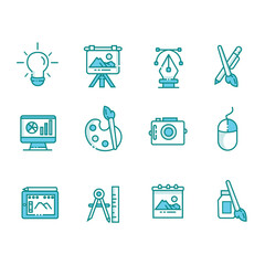 Blue art tools and drawing equipment icons