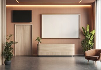 Empty rectangular frame mockup in white wood, placed on the wall of a modern hospital office with wooden door