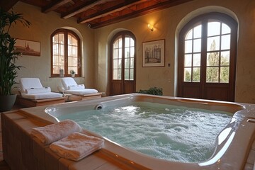 Relaxing hydromassage pool in rustic spa room with towels and loungers