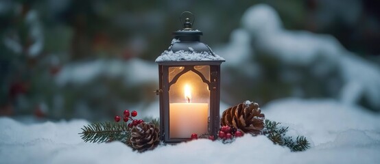 A Christmas lantern with a burning candle sits on snow alongside pine cones and red berries in a winter garden, creating a serene snowy backdrop with space for text, perfect for holiday cards