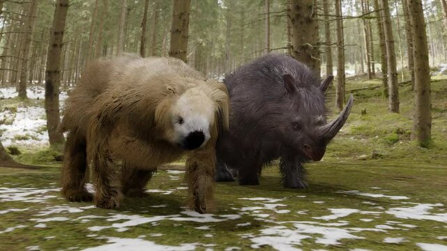 A 3D animation the extinct giant ground sloth Megalonyx and Woolly Rhino of the Ice Age walking through a snowy forest.