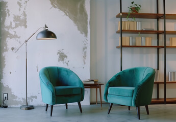 Cozy living room corner with teal armchairs, industrial-style floor lamp, and bookshelf against a textured wall