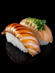 Savoring gourmet sushi eel and avocado artistry on black background