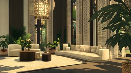 Modern Living Room Design With Lush Tropical Plants