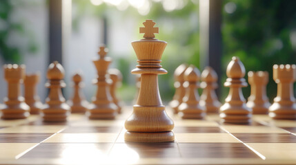 wooden chessboard with focus on king piece, surrounded by other chess pieces, in sunlit setting. scene conveys sense of strategy and calm