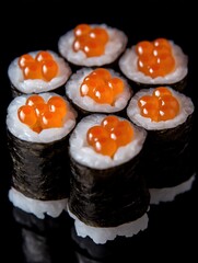 Experience gourmet flook sushi with salmon roe on a black background
