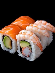 Savoring realflook sushi shrimp and avocado delight on a black background