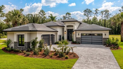 Modern Florida Home with Gray Roof and Landscaping
