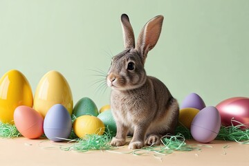 Vibrant Rabbit with Easter Egg on Cream Pastel Background in 3D