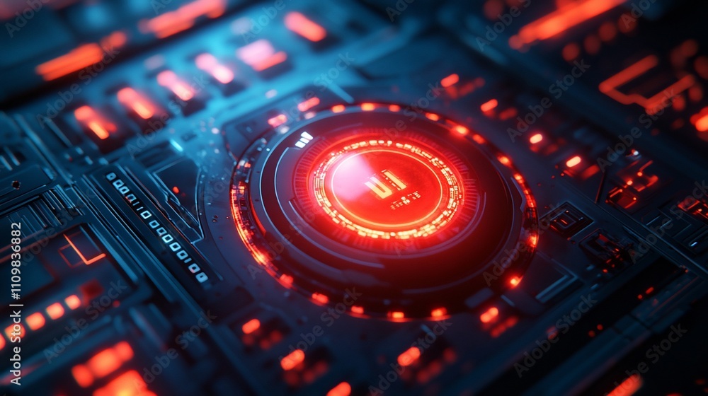 Aufkleber futuristic interface with glowing red and blue elements, displaying a digital countdown timer.