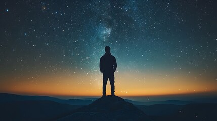 Fototapeta premium A lone figure silhouetted against a starlit sky and distant mountains