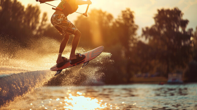 A wakeboarder doing a grab trick mid-air. stock image, hd quality, 