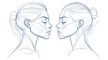 Two Women Mirrored Profile Sketches in Blue