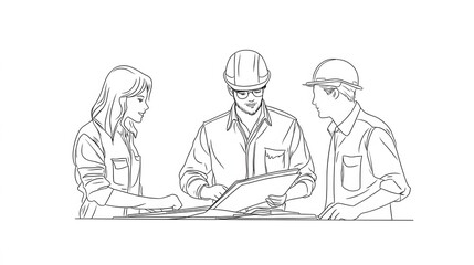 Engineering team reviewing blueprints together during a meeting