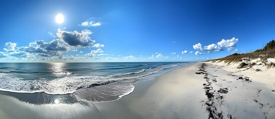 Naklejka premium Sunny Beach Scene With Waves And Blue Sky
