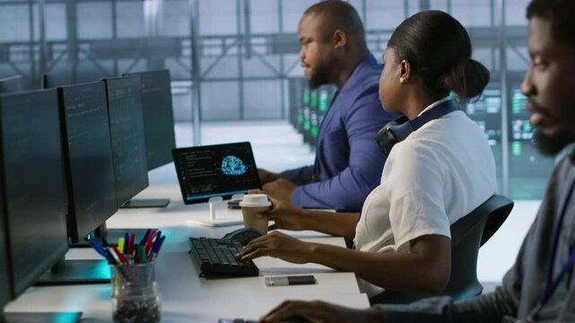 Admin in data center drinking coffee and implementing AI predictive maintenance systems. Server hub worker enjoying hot beverage, using artificial intelligence to identify hardware failures, camera A