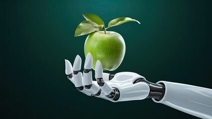 A sleek robot hand grasps a shiny green apple with a leaf symbolizing the intersection of technology and food science in a creative concept