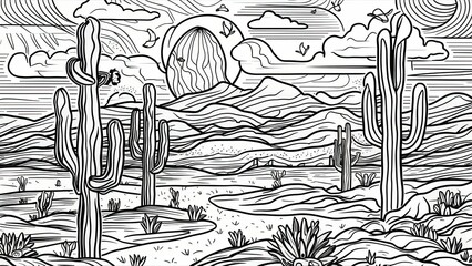 A vast desert landscape features tall cacti and rocky mountains set against a large sun and fluffy clouds inviting creativity and calm through coloring
