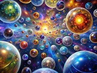 An intricate display showcases numerous cosmic spheres floating in a colorful expanse filled with swirling galaxies representing the vastness of the multiverse