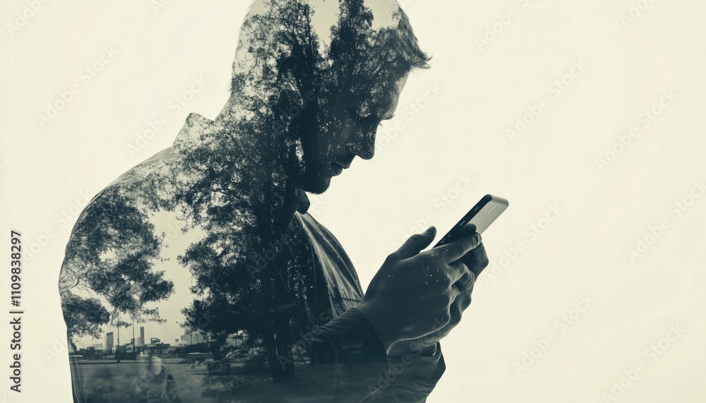 Aufkleber man's hands holding phone with social network theme in double exposure - a unique blend of technolog