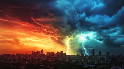 Obraz premium Fiery sunset and electric storm contrast over a city skyline.