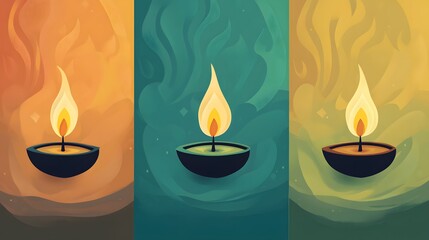 Fototapeta premium Three Lit Diyas with Abstract Backgrounds