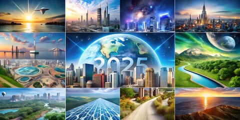 Futuristic vision of Earth with 2025 numerals, ideal future world with lush green landscapes and modern architecture. For New Year, futuristic designs, global theme