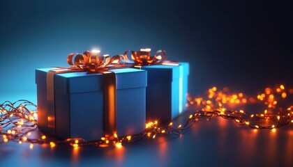 Festive Christmas Gift Box: Surprise Presents Wrapped In Bright Light Garland. Realistic 3d Element For Xmas Cheer And Happy New Year Celebration. Two Blue Boxes.