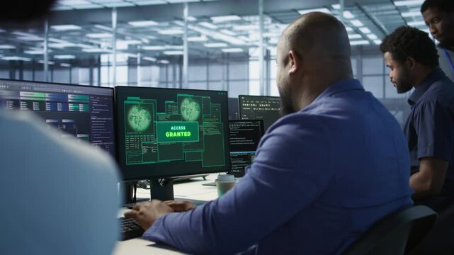 Data scientists receive access granted notification while reconfiguring server hub, optimizing it. Team of IT experts ensures data center operates efficiently, successfully eliminating all errors