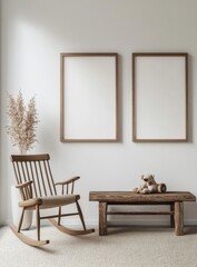  Empty white wall with two vertical frame mockups, wooden bench and baby rocking chair 