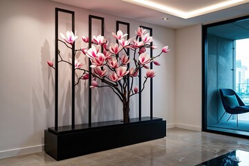 Three-Dimensional Display Unit Showcasing Dancing Magnolia Petals in Modern Minimalist Setting