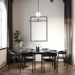 Elegant dining room featuring an empty poster mock-up frame, modern pendant lighting, black furniture, and soft neutral tones for a refined and sophisticated atmosphere