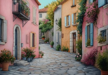 Fototapeta premium Charming European Village Street Scene With Colorful Buildings