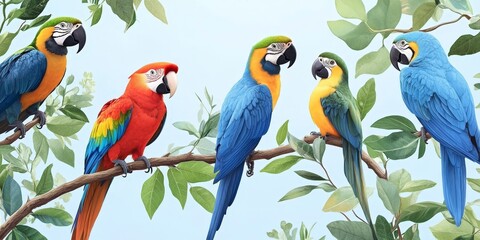 Vibrant Macaws Perched on Tropical Branches - Detailed Bird Illustrati